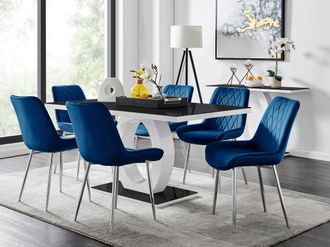 Furniturebox Giovani Rectangular 6 Seat White High Gloss Unique Halo Base Dining Table Black Glass Top 6 Soft Velvet Silver Leg Pesaro Chairs