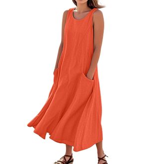 Generic Stretchy Maxi Dresses Summer Cotton Linen Solid Color Crew Neck Sleeveless Dresses Tunic Tank Dress with Pockets Denim Pinafore Dress (Orange, XL)