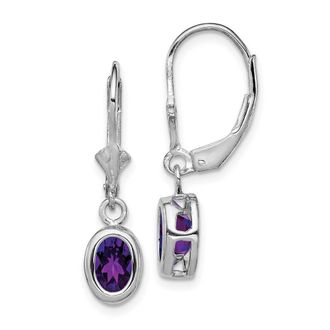 Diamond2Deal Sterling Silver Rhodium Plated 7x5mm Oval Amethyst Drop Dangle Earrings
