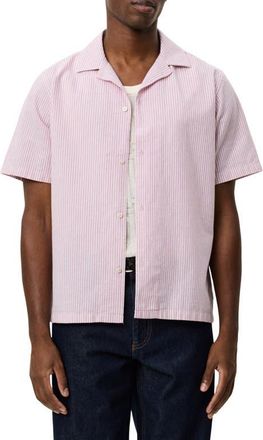 Les Deux Lukas Stripe Cotton & Linen Camp Shirt in Crocus Pink at Nordstrom, Size Xx-Large