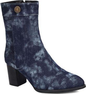 Generic Womens Denim Ankle Boots Pointed Toe Mid Block Heels Button Accent Comfortable Non Slip Wear Resistant Daily Casual Streetwear Shoes,Denim Floral,4.5 