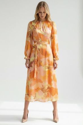 Exquise Crew Neck Long Sleeve Relaxed Fit Printed Dress in Orange at Nordstrom, Size Small