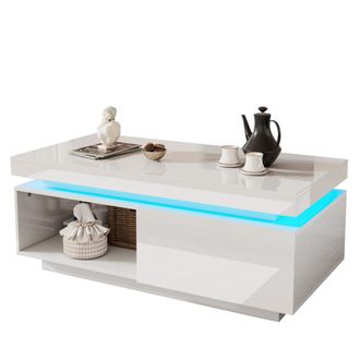 STILVORA Mesa De Centro Con 1 Caj&oacute;n Y Led, Acabado Brillo Lacado, En Tablero De Part&iacute;culas, 100&times;50&times;40,3 Cm, Blanco