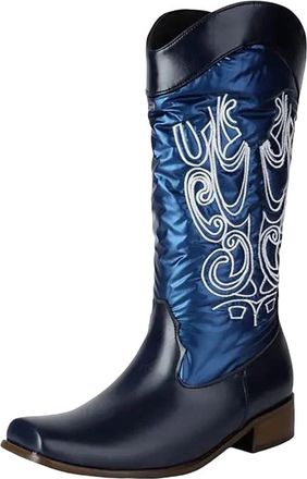 Generic Womens Fashion Western Boots Mid Calf Height Square Toe Medium Block Heel With Classic Embroidery Slip On Design