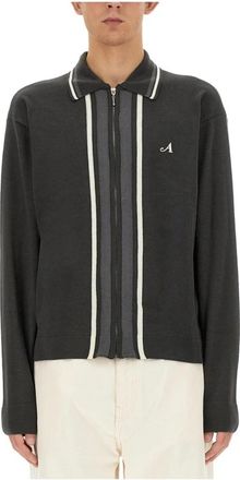 Awake NY Contrast Stripe Full Zip Knit Polo Sweater - Heren - Vesten - Zwart - L - Truien & Vesten