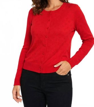 Tribal Button Down Front Pointelle Cardigan In Rouge