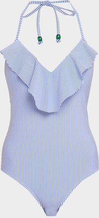 Shoshanna Ruffle Striped One-Piece Swimsuit