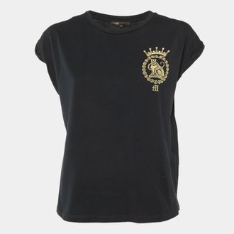 Maje Black Cotton Embroidered Torino Crew Neck T-Shirt