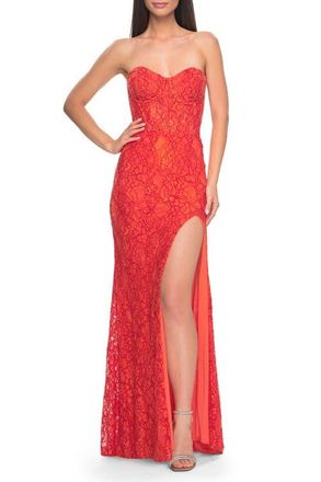 La Femme Stretch Lace Dress with Bustier Bodice and Illusion Back in Papaya at Nordstrom, Size 10