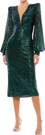 Mac Duggal Sequin Mesh Plunge Midi Dress In Black Emerald