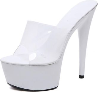 Generic White,5.5 UK,Womens Stiletto High Platform Heel Peep Open Toe Sandals Mules Clear Crystal Slip-on Prom Party Dress Summer 5.9 Inches Heels Shoes