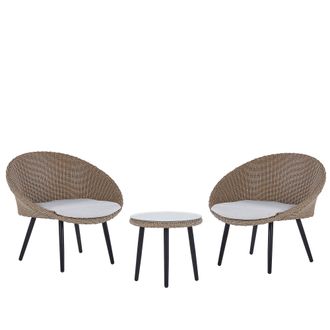 Beliani Conjunto De Jard&iacute;n Beige Rat&aacute;n Sint&eacute;tico Mesa De Centro 2 Sillas Cojines Moderno Exterior Ortigia