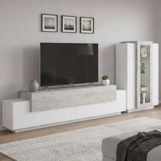 Dmora Pared Equipada Djazir, Conjunto De Sal&oacute;n Con Soporte Tv, Mueble De Sal&oacute;n Polivalente, 100% Made In Italy, Cm 280x45h121, Blanco Brillo Y Cemento - Dmo