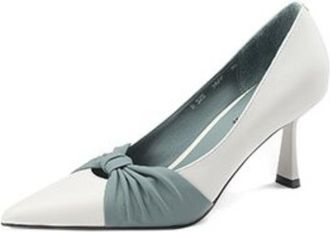 Generic Womens Pointed Toe Kitten Heel Pumps Faux Leather Upper Color Block Twist Knot Detail Cushioned Insole Slip-On Comfortable Dress Shoes,White,4.5 UK