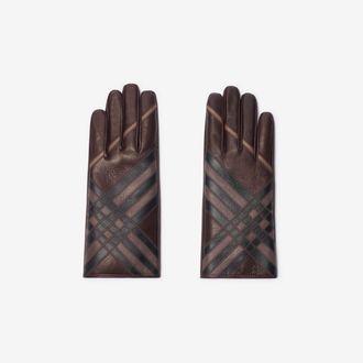 Burberry Check Intarsia Leather Gloves, Size: 6.5