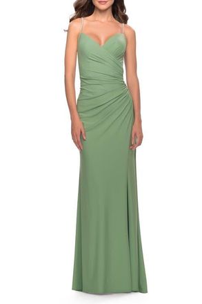 La Femme Long Ruched Jersey Gown with V-Neckline in Sage at Nordstrom, Size 8