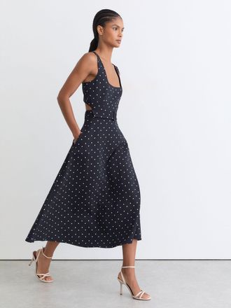 Reiss Navy Polka Dot-print Belted Midi Dress, 12