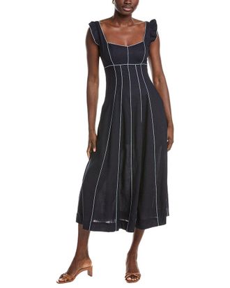 Ellen Tracy Contrast Piping Linen-Blend Midi Dress