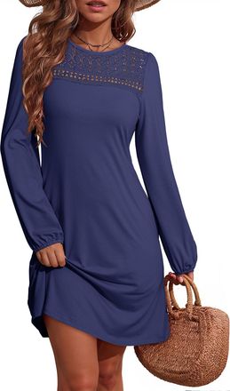 Dokotoo Womens Long Sleeve Dresses Fall Fashion Elegant Lace Hollow Out Patchwork Crew Neck Lantern Sleeves Ladies Dress Solid Color Casual A Line Shift Women