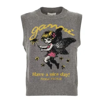 Ganni Round-neck Knitwear, female, Gray, Size: XS Round-neck Knitwear