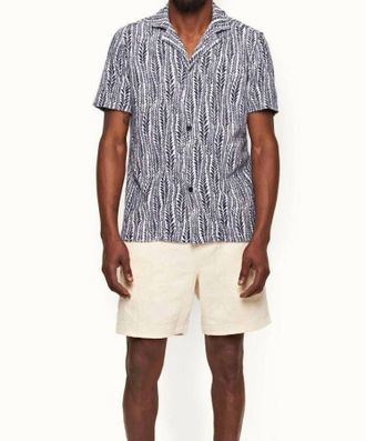 Orlebar Brown Howell Toweling Fern Print Camp Shirt In White Lagoon Blue