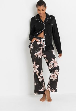 Bonprix Pyjama BONPRIX, Damen, Gr. 56/58 (XXXL), schwarz (schwarz gebl&uuml;mt), Jersey, Obermaterial: 100% Baumwolle, bedruckt, kontrastfarbene Details, Basic lan