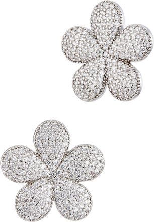 Savvy Cie Jewels RHODIUM PLATED OVER BRASS WHITE CZ FLOWER STUD EARRINGS