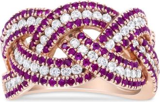 House of Brilliance 18K Rose Gold Red Ruby and 7/8 Cttw Diamond Woven Braided Band Ring (F-G Color, VS1-VS2 Clarity) - Ring Size 7