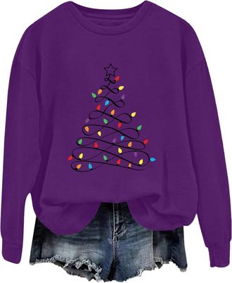 Generic Christmas Jumpers for Women Plus Size, Tree Graphic Print Xmas Sweatshirt Soft Crewneck Long Sleeve Funny Christmas Tops for Women Dark Purple