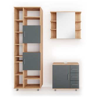 Vicco Conjunto De Muebles De Ba&ntilde;o Ilias, Roble, 3 Partes, Con Mueble Alto