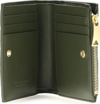 Bottega Veneta Womens Bifold Wallet Intrecciato Green Tweed-Gold Calf Leather & Purses Tweed/gold
