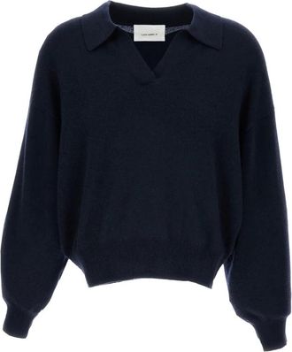 Lisa Yang Ribbed Polo Wol Trui - Dames - V-hals truien - Blauw - S - Wol - Truien & Vesten
