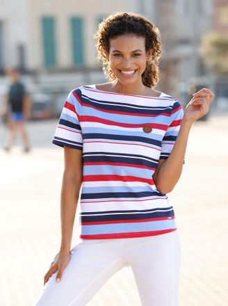 Casual Looks Kurzarmshirt CASUAL LOOKS Ringelshirt, Damen, Gr. 48, bunt (marine, erdbeere, geringelt), 100% Baumwolle, bedruckt, gemustert, gestreift, mehrfarbig, 