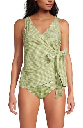 Lands End Chlorine Resistant Side Tie V-neck Tankini Swimsuit Top in Bright Pistachio Gingham at Nordstrom, Size 16