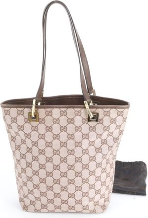 Gucci Brown Pink Leather Canvas Handbag Tote Bag (Pre-Owned)