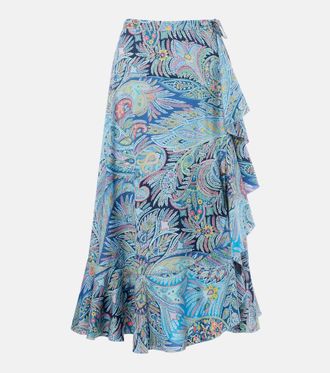 Etro Printed ruffled cotton-blend midi skirt