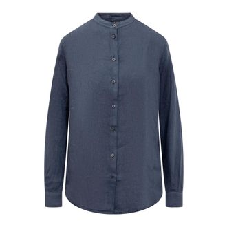 Fay Casual Shirts, male, Blue, Size: M Band-collar Linen Shirt