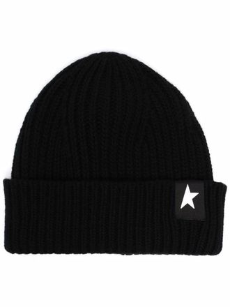 Golden Goose Black Beanie In Wool With White Star