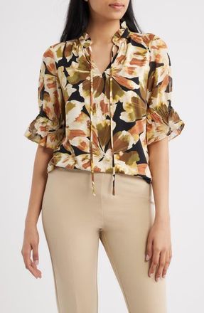 Anne Klein Ruffle Split Neck Top in Anne Black Multi at Nordstrom, Size X-Large