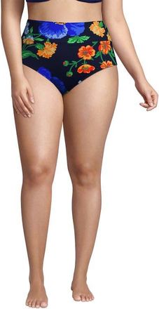 Lands End Chlorine Resistant Pinchless High Waisted Bikini Bottoms in Navy/exploded Poppy Floral at Nordstrom, Size 20W
