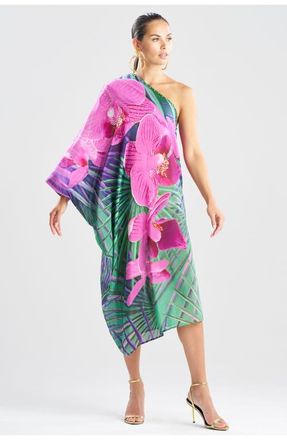 Natori Orchid Silk Cotton Voile One Shoulder Caftan w/ Beading in Multi at Nordstrom, Size Medium