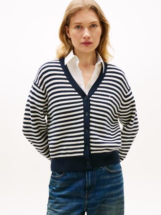 Tommy Hilfiger Strickpullover TOMMY HILFIGER CO CARDI LS CARDI, Damen, Gr. L (42/44), fine stp ivory pet, schwarz n navy, Strick, Obermaterial: 100% Baumwolle, gestr