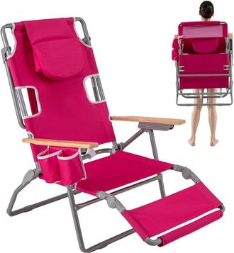Costway 3-IN-1 Foldable Beach Chair Lay-Flat Tanning Chair w/ Face Hole-Red