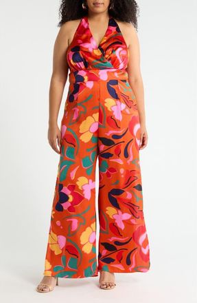 Sugarlips Magic Moment Floral Halter Jumpsuit in Orange Multi at Nordstrom, Size 2 X