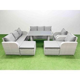 Fimous 10 Seater Wicker pe Rattan Furniture Outdoor Dining Table 3 Seater Sofa Reclining Chair Set with 2 Big Stools Light Grey - Fimous