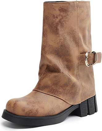 Generic Womens Vintage Round Toe Faux Leather Mid Calf Boots With Buckle Strap Chunky Heel Comfortable Wear Resistant For Fashion Leisure Daily,Yellow,6.5 UK