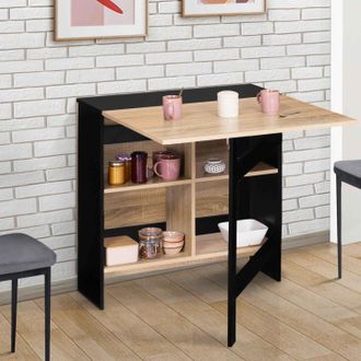 IDMarket Edi Mesa Consola Plegable Para 2-6 Personas Con Almacenaje De Madera Negra Y Tablero De Aspecto Haya 150 X 80 Cm