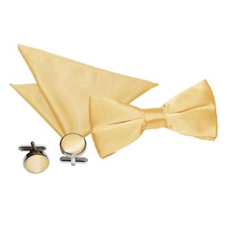 DQT Men Pre-Tied Plain Satin Wedding Bow Tie + Pocket Square & Cufflinks Set - Pale Yellow