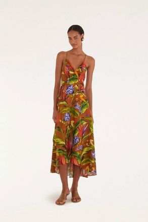 Farm Rio Linen Midi Wrap Dress In Florart Brown