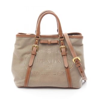 Prada Beige Brown Canvas Leather Tote Bag (Pre-Owned)